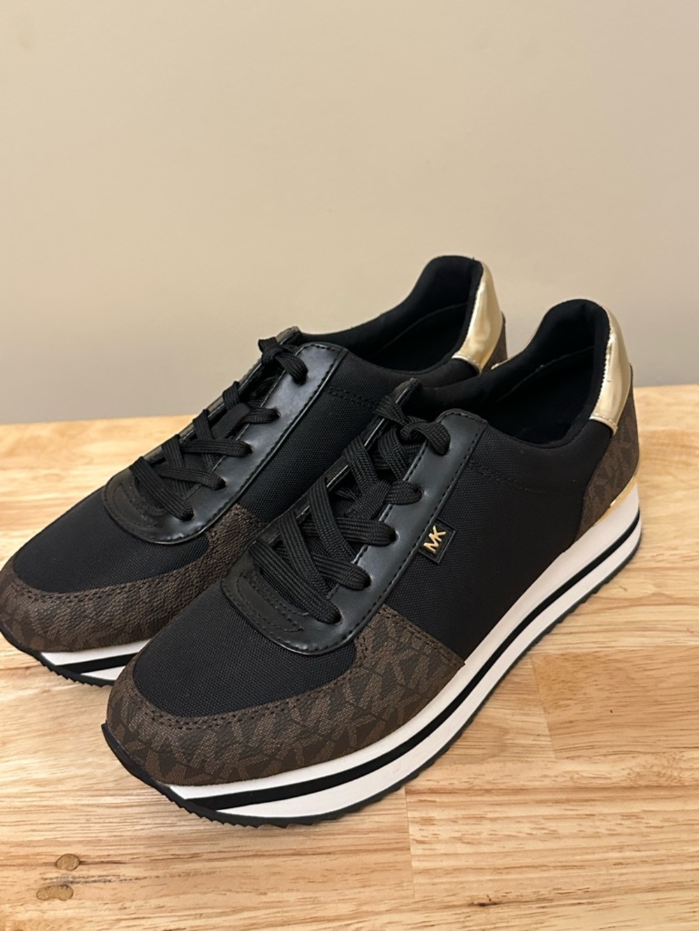 Michael Kors Black, Brown & Gold Platform Sneakers - Picture 11 of 12